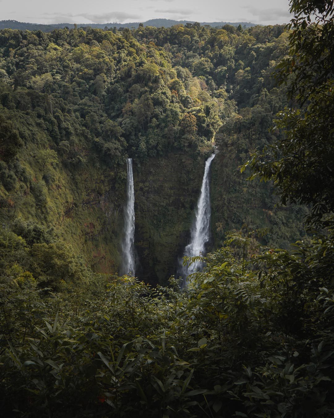 Doppelter Wasserfall in den Wäldern von Pakse, Laos.